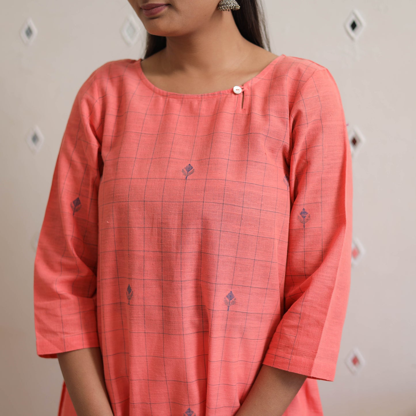 Peach - Handwoven Checks Cotton A-Line Jamdani Kurta 24