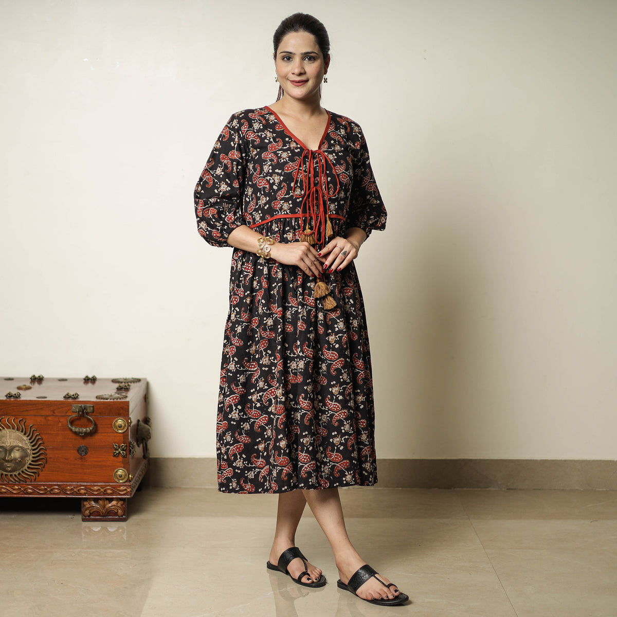 Black - Bagru Block Printed Cotton Flared Dress 20