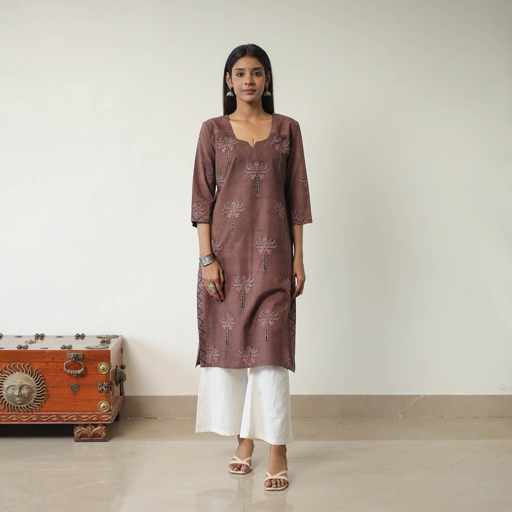 Brown - Block Printed Cotton Straight Ajrakh Kurta 12