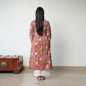 Pink - Printed Cotton Flared Kalamkari Kurta with Patchwork 02