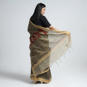 Black Original Pedana Kalamkari Block Print Chanderi Silk Saree