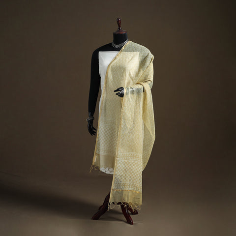 Yellow - Pipad Hand Block Print Natural Dyed Kota Doria Cotton Dupatta 25