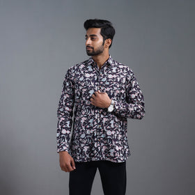 Black Sanganeri Block Printed Cotton Men Full Sleeve Shirt