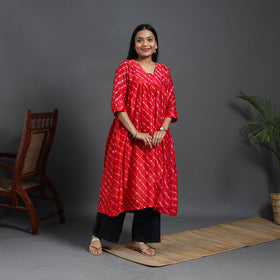 Red - Chanderi Silk Tie-Dye Flared Leheriya Kurta 12