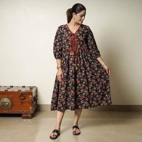 Black - bagru printed cotton flared dress 20 - handcrafted