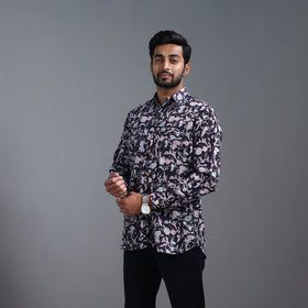 Black Sanganeri Block Printed Cotton Men Full Sleeve Shirt