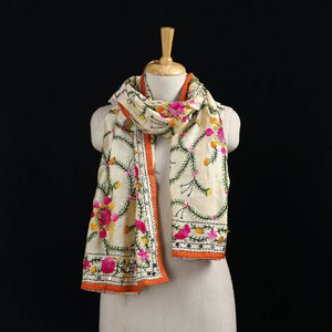 Beige - Ranihati Chanderi Silk Hand Embroidered Stole 129