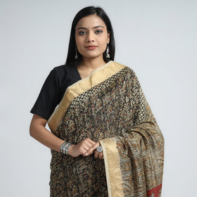 Black Original Pedana Kalamkari Block Print Chanderi Silk Saree