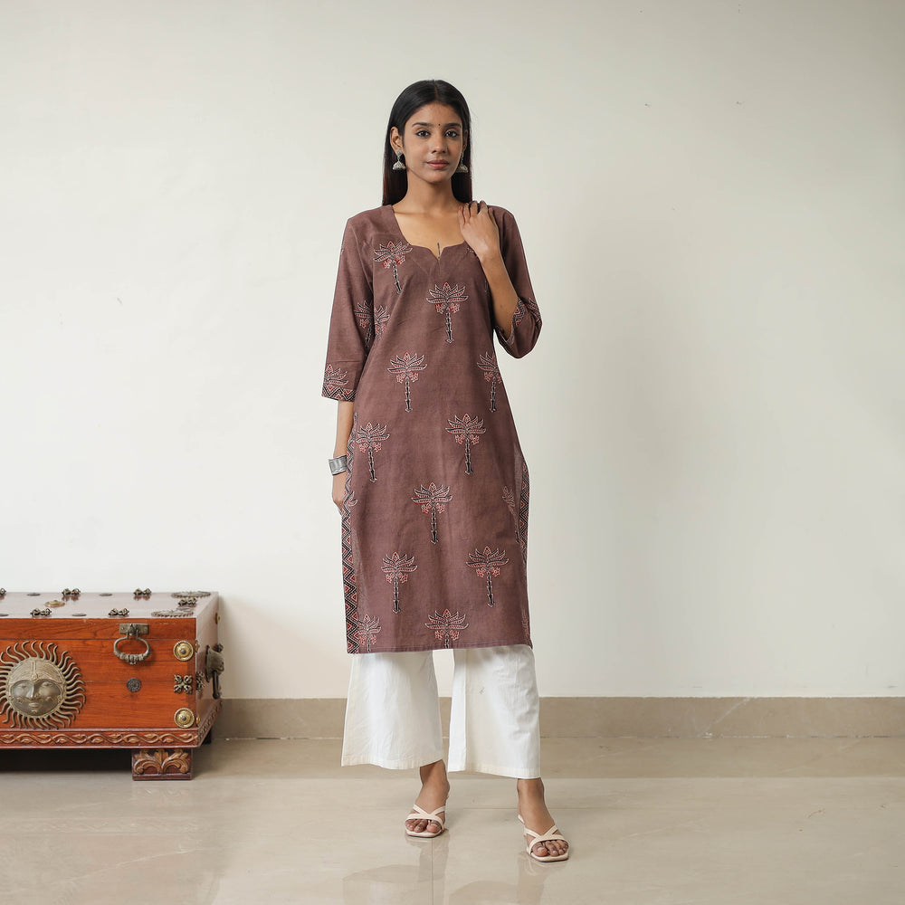 Brown - Block Printed Cotton Straight Ajrakh Kurta 12