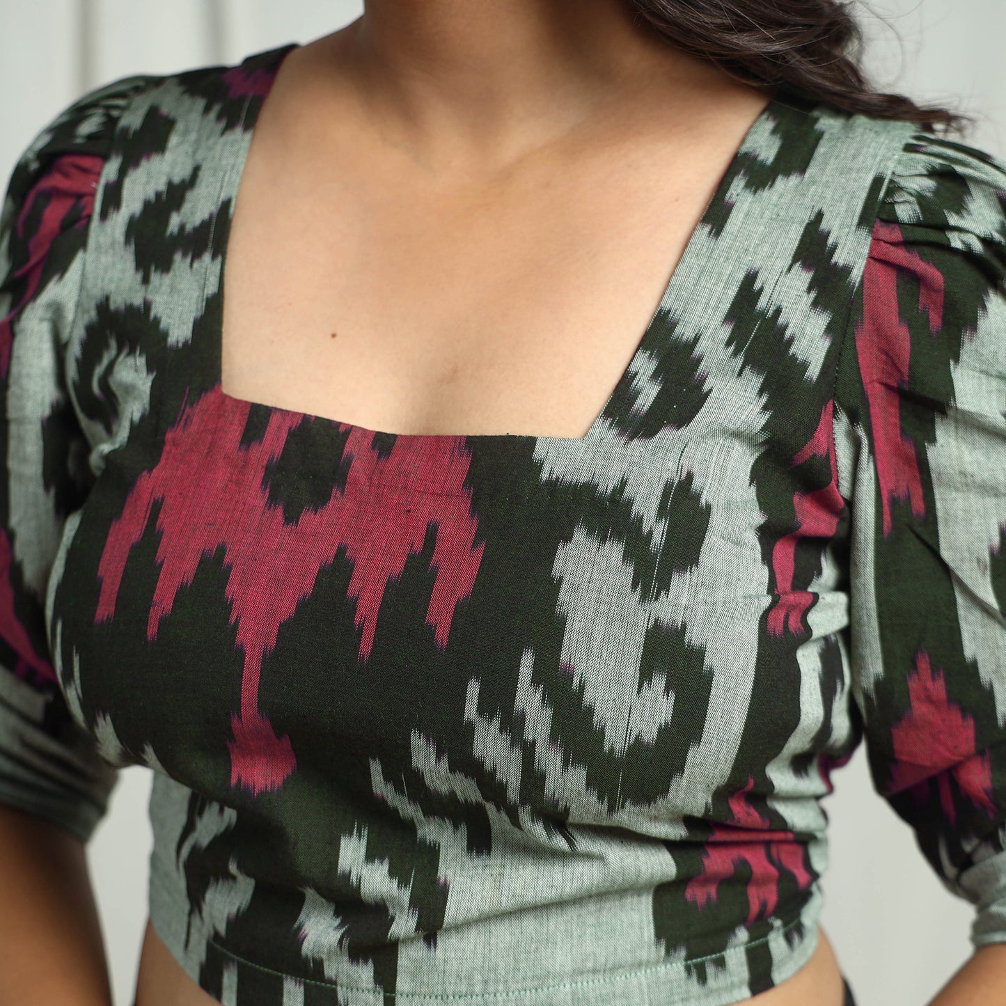 Grey - Handloom Cotton Central Asian Pochampally Ikat Crop Top 07