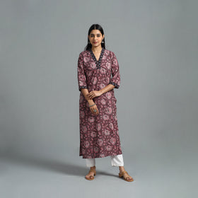 Buy Purple Block Printed Cotton Straight Bagru Kurta for Women