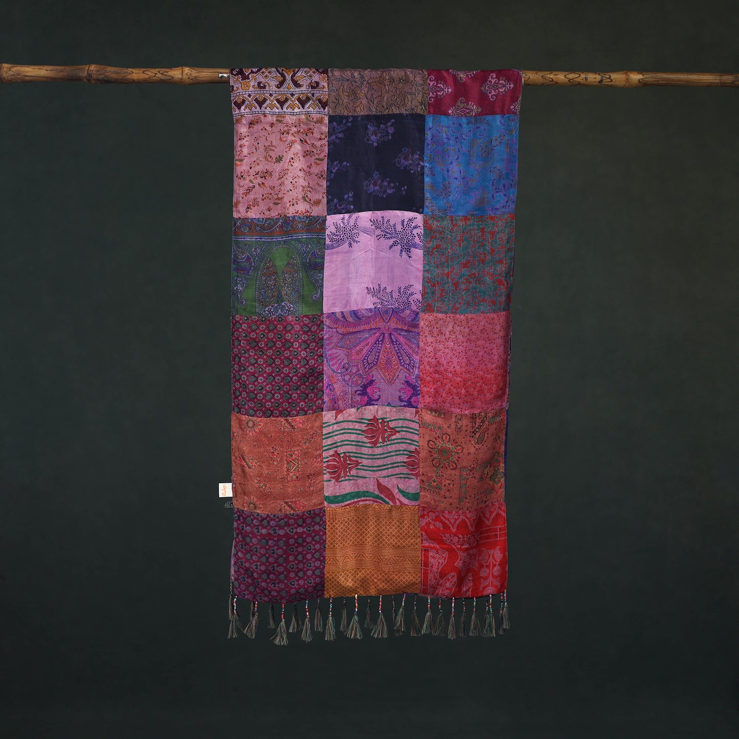 Pure Silk Reversible Patchwork Stole with Tassels 36
