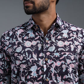Black Sanganeri Block Printed Cotton Men Full Sleeve Shirt