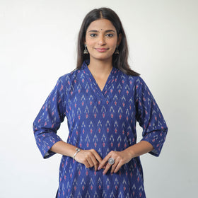 Blue - Mercerised Cotton Pochampally Ikat Kurta (Straight) 15