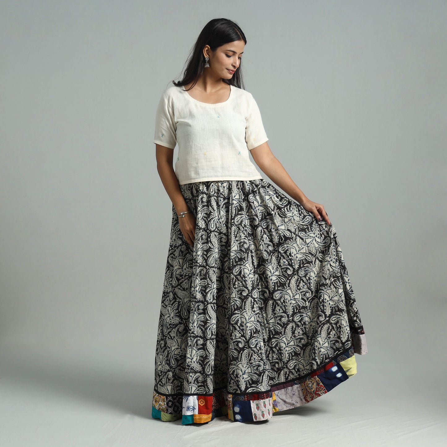 Black - Hand Block Printed Cotton Long Kalamkari Skirt 11