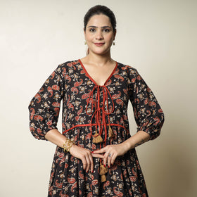 Black - bagru printed cotton flared dress 20 - handcrafted