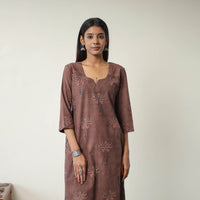 Brown - Block Printed Cotton Straight Ajrakh Kurta 12