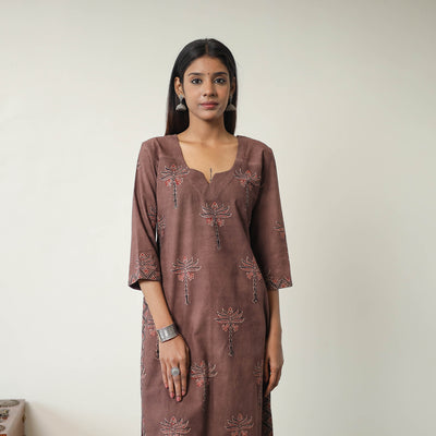 Brown - Block Printed Cotton Straight Ajrakh Kurta 12