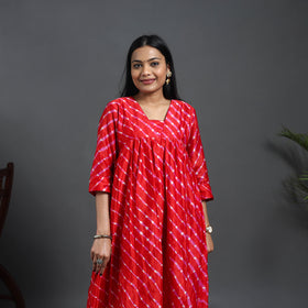 Red - Chanderi Silk Tie-Dye Flared Leheriya Kurta 12