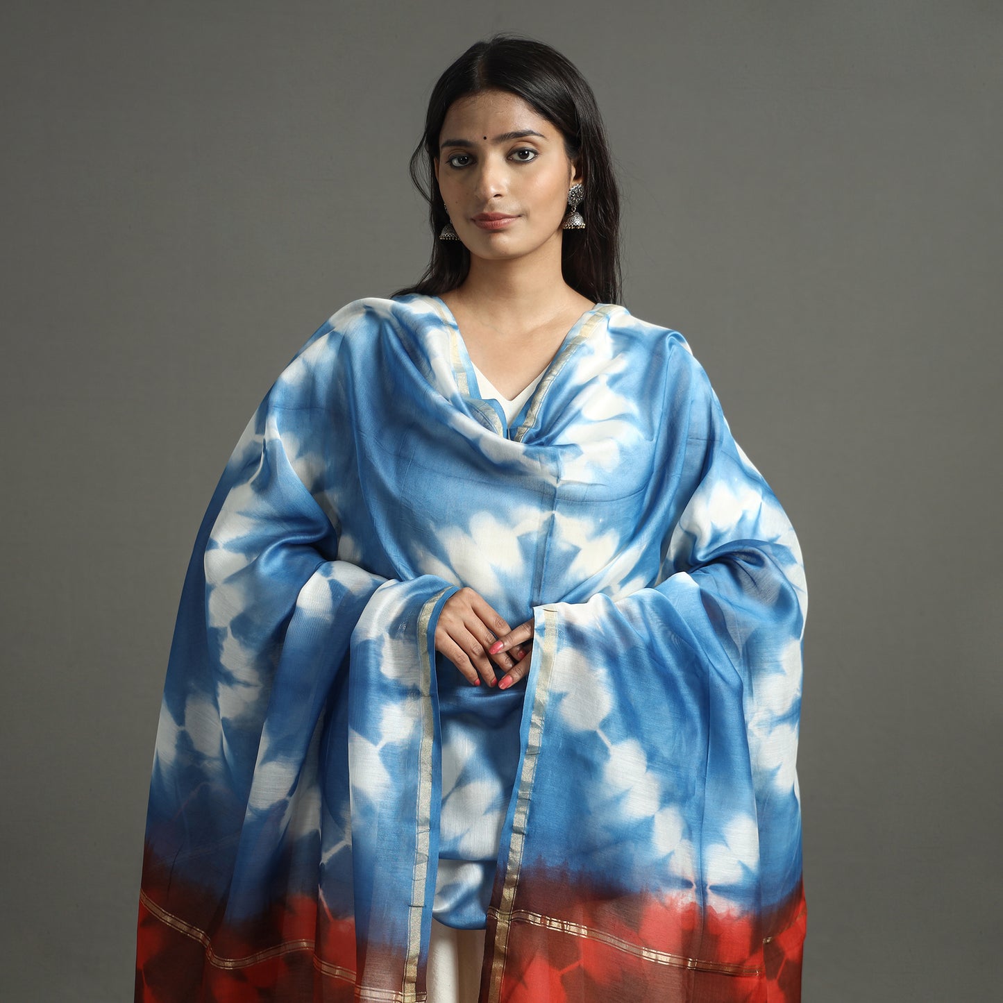 Blue - Shibori Tie-Dye Handloom Chanderi Silk Dupatta with Zari Border 43