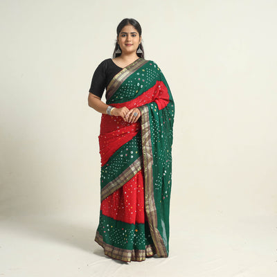 Red - Kutch Tie-Dye Cotton Bandhani Saree with Blouse Piece 58