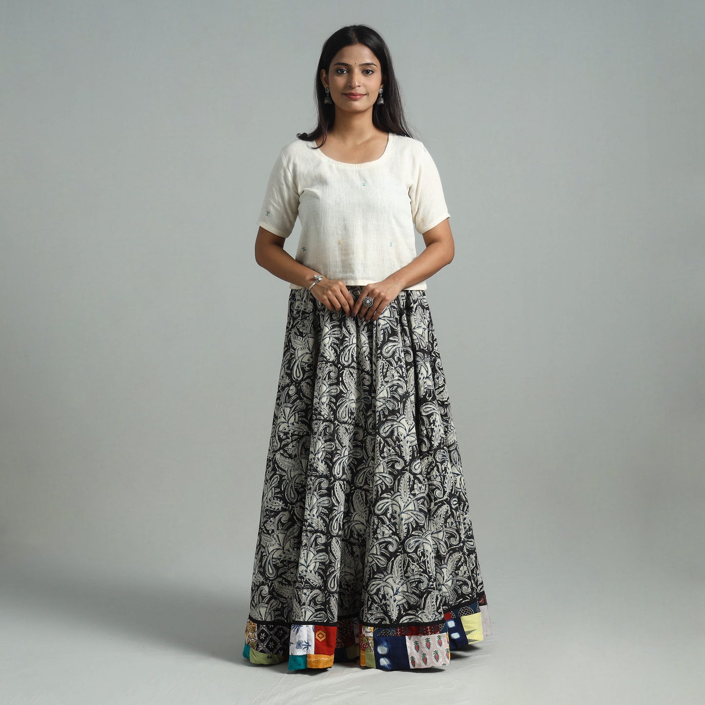 Black - Hand Block Printed Cotton Long Kalamkari Skirt 11