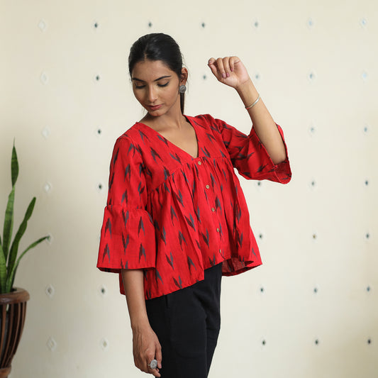 Red - Pochampally Ikat Full Sleeve Cotton Crop Top 04
