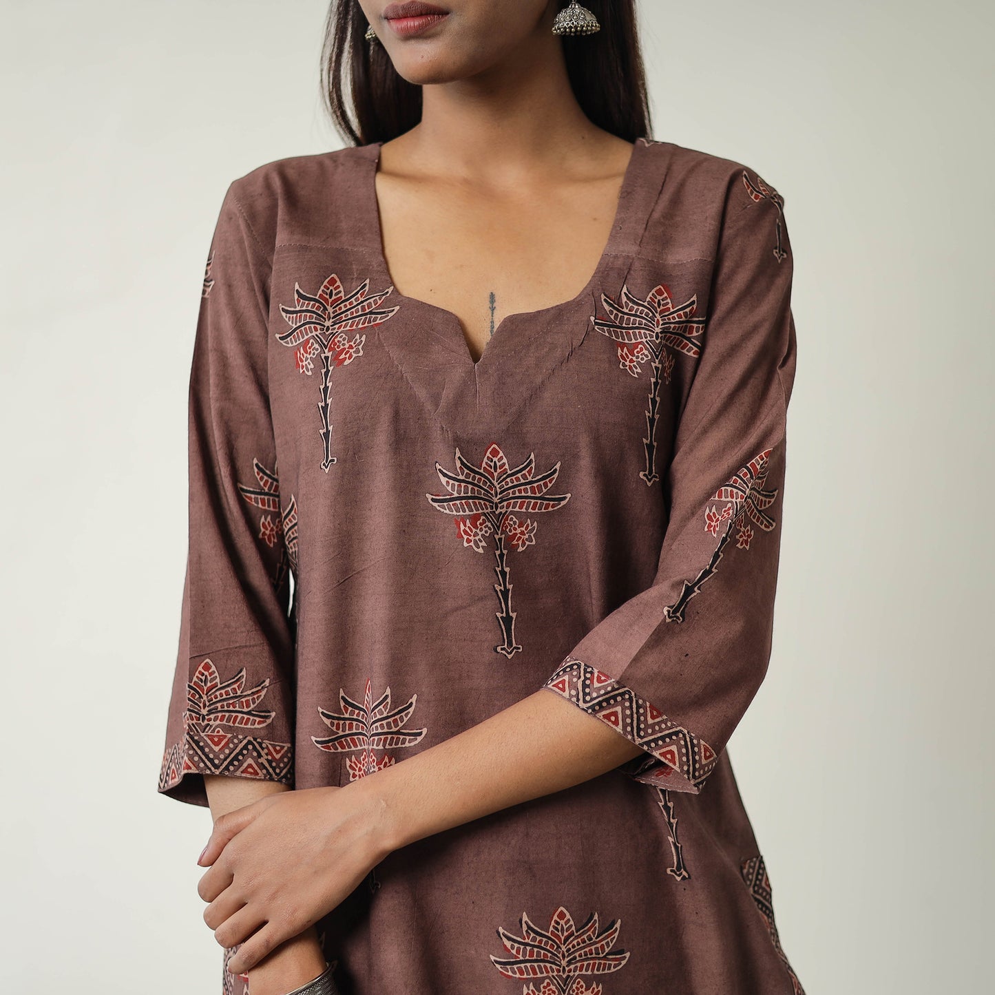 Brown - Block Printed Cotton Straight Ajrakh Kurta 12