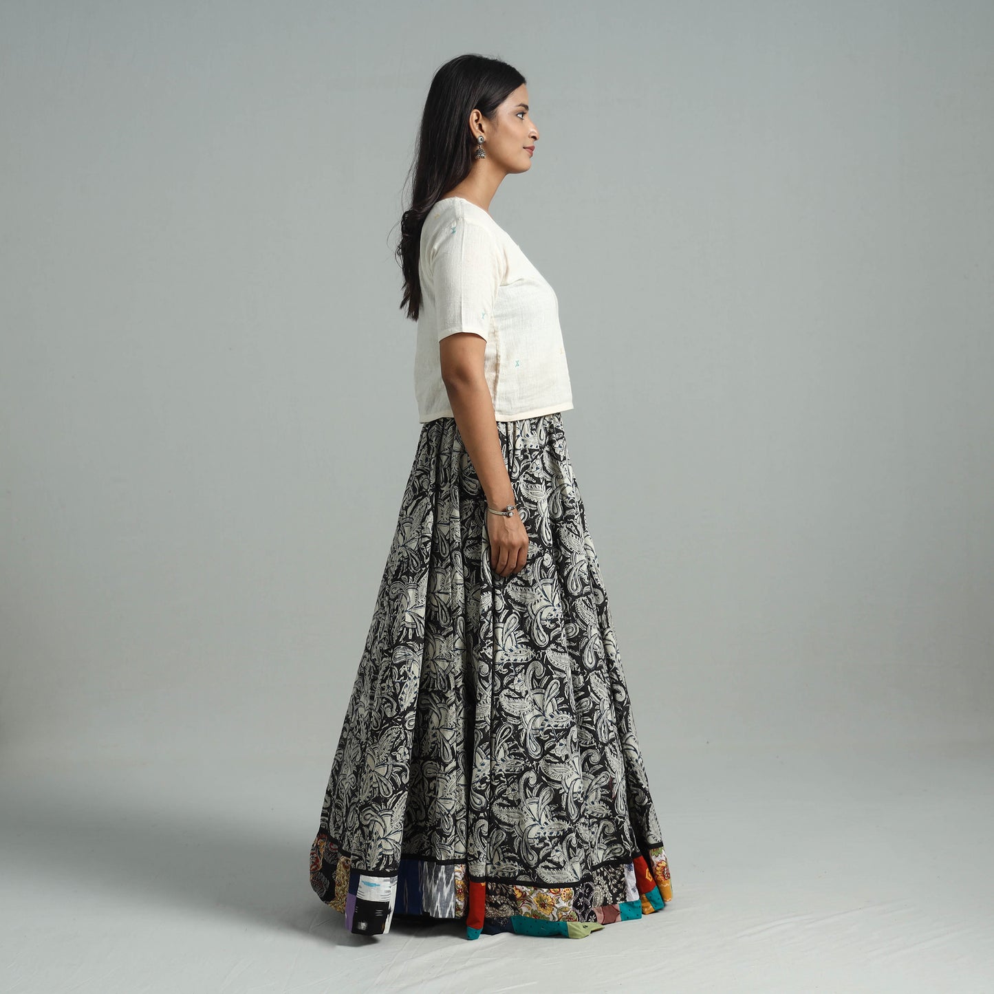 Black - Hand Block Printed Cotton Long Kalamkari Skirt 11