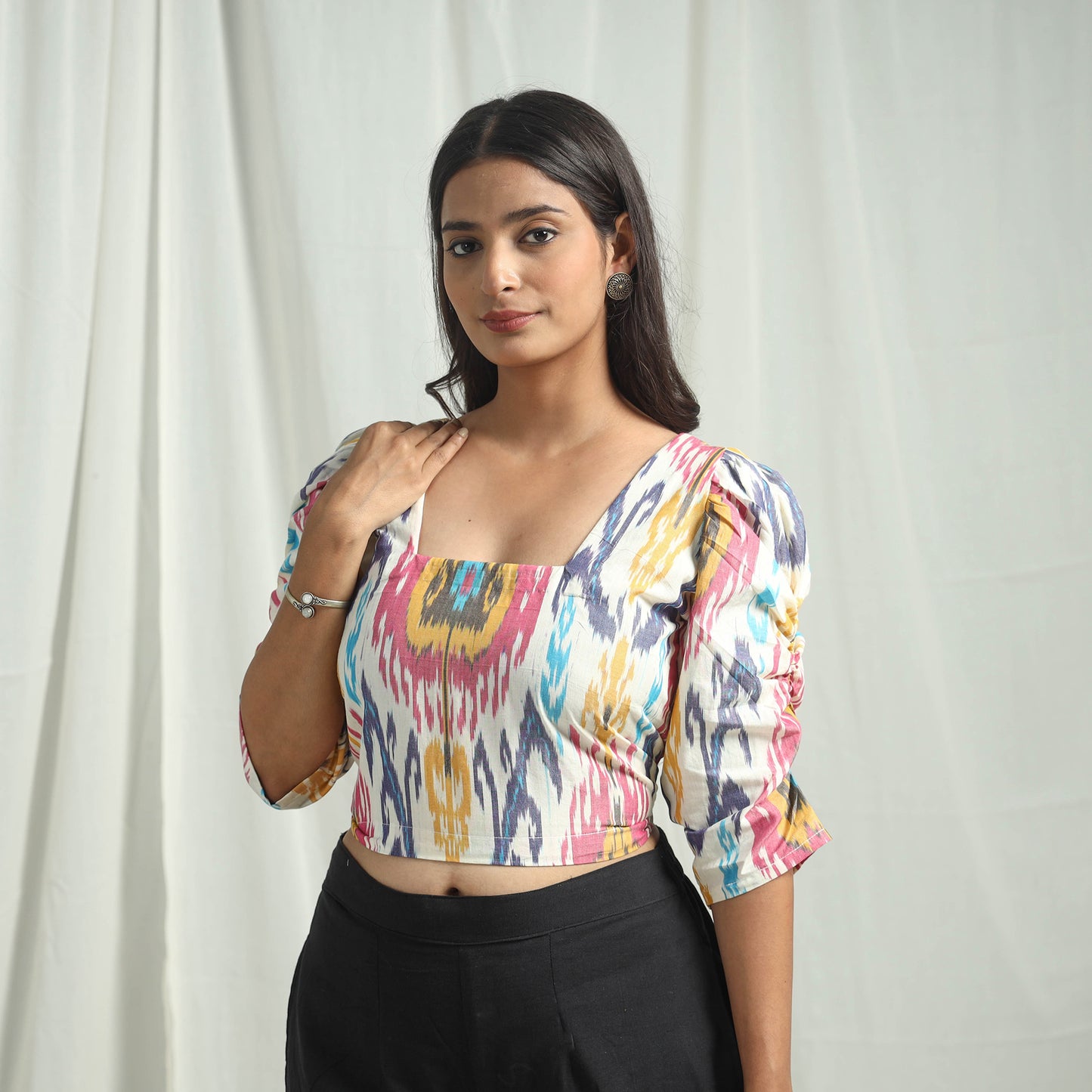 White - Handloom Cotton Central Asian Pochampally Ikat Crop Top 12