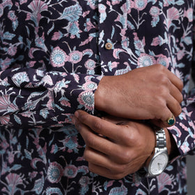 Black Sanganeri Block Printed Cotton Men Full Sleeve Shirt