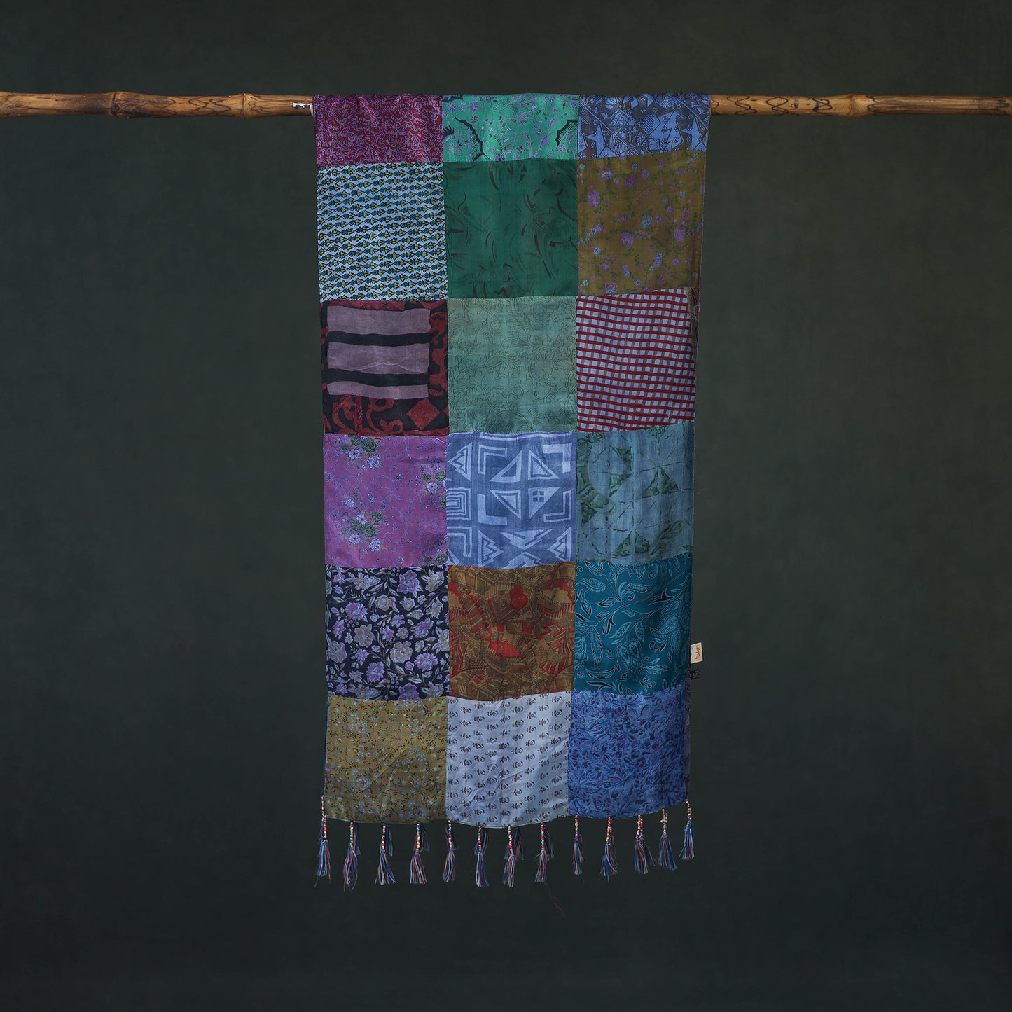 Pure Silk Reversible Patchwork Stole with Tassels 34