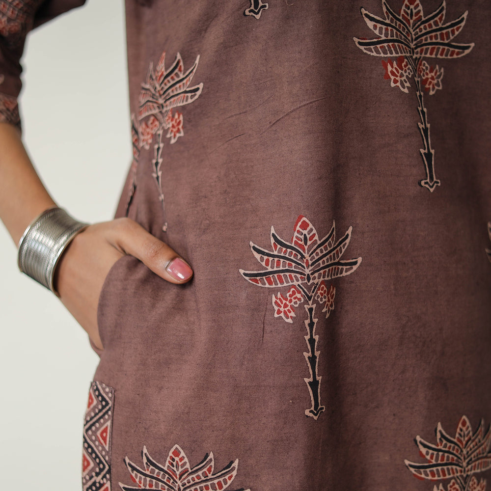 Brown - Block Printed Cotton Straight Ajrakh Kurta 12