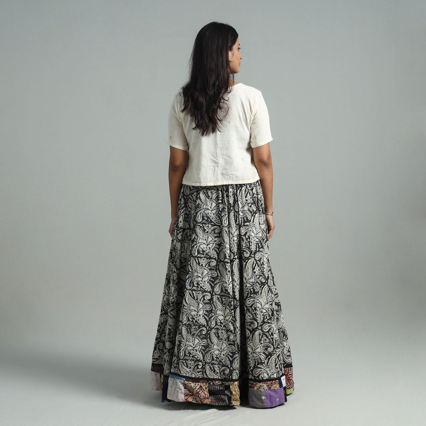 Black - Hand Block Printed Cotton Long Kalamkari Skirt 11