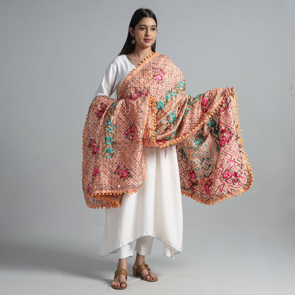 Peach - Ranihati Chanderi Silk Chapa Work Phulkari Embroidered Dupatta with Pom Pom 66