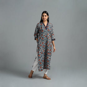 Grey - Block Printed Cotton Straight Bagru Kurta 08