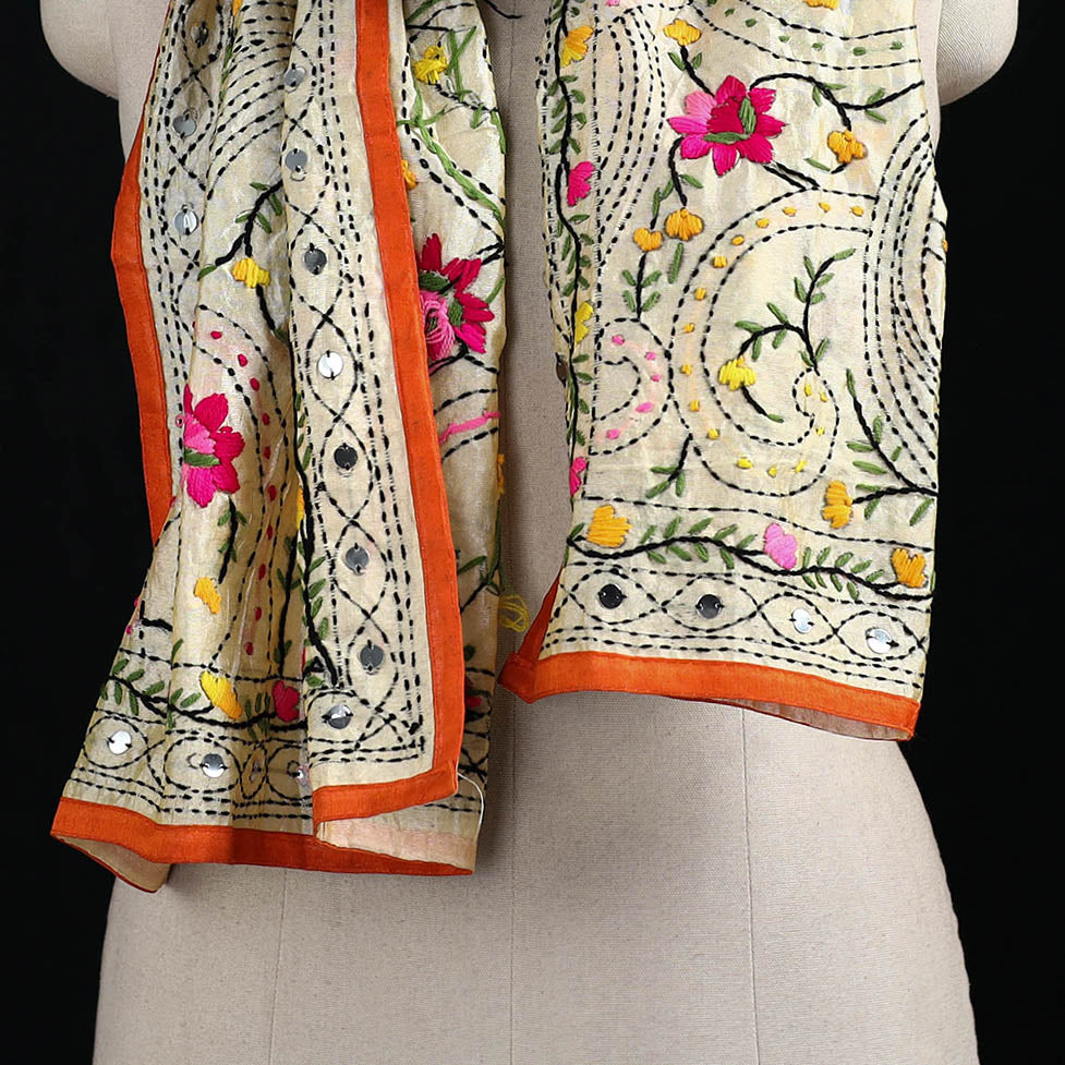 Beige - Ranihati Chanderi Silk Hand Embroidered Stole 134