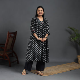 Black Chanderi Silk Tie-Dye Flared Leheriya Kurta for Women