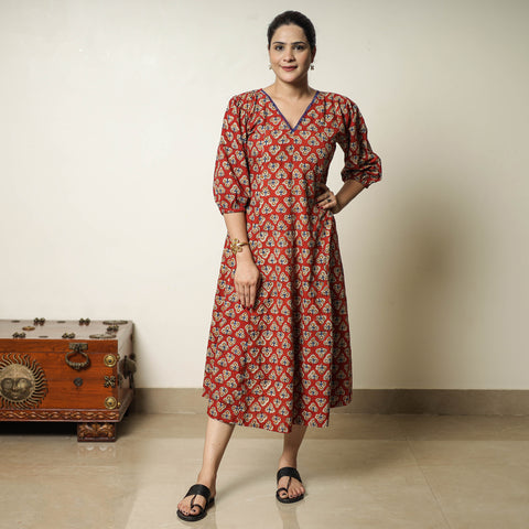 Red - Bagru Block Printed Cotton Flared Dress 04