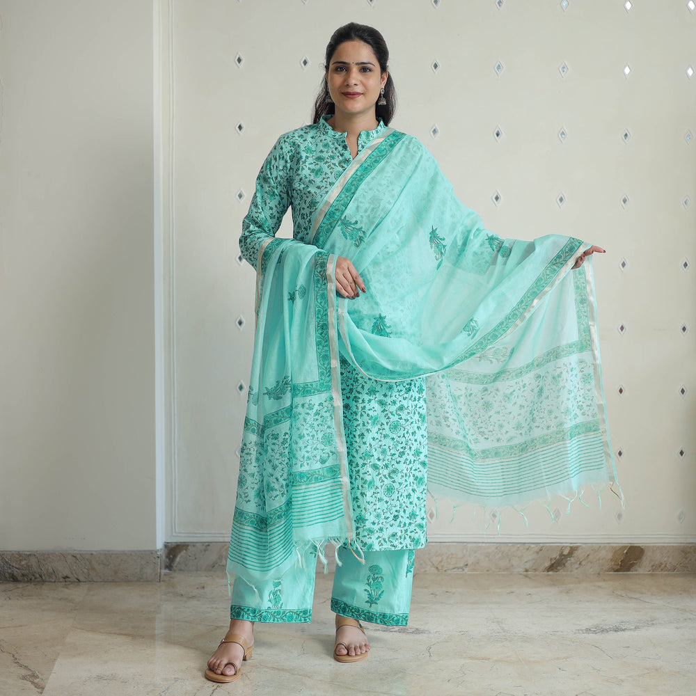 Green - Sanganeri Block Print Cotton Kurta Suit Set 02