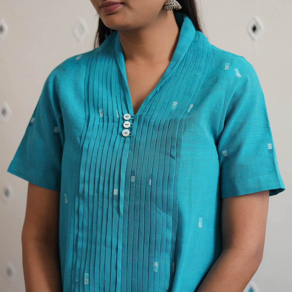 Blue - Shawl Neck Handwoven Cotton Jamdani Kurta 22