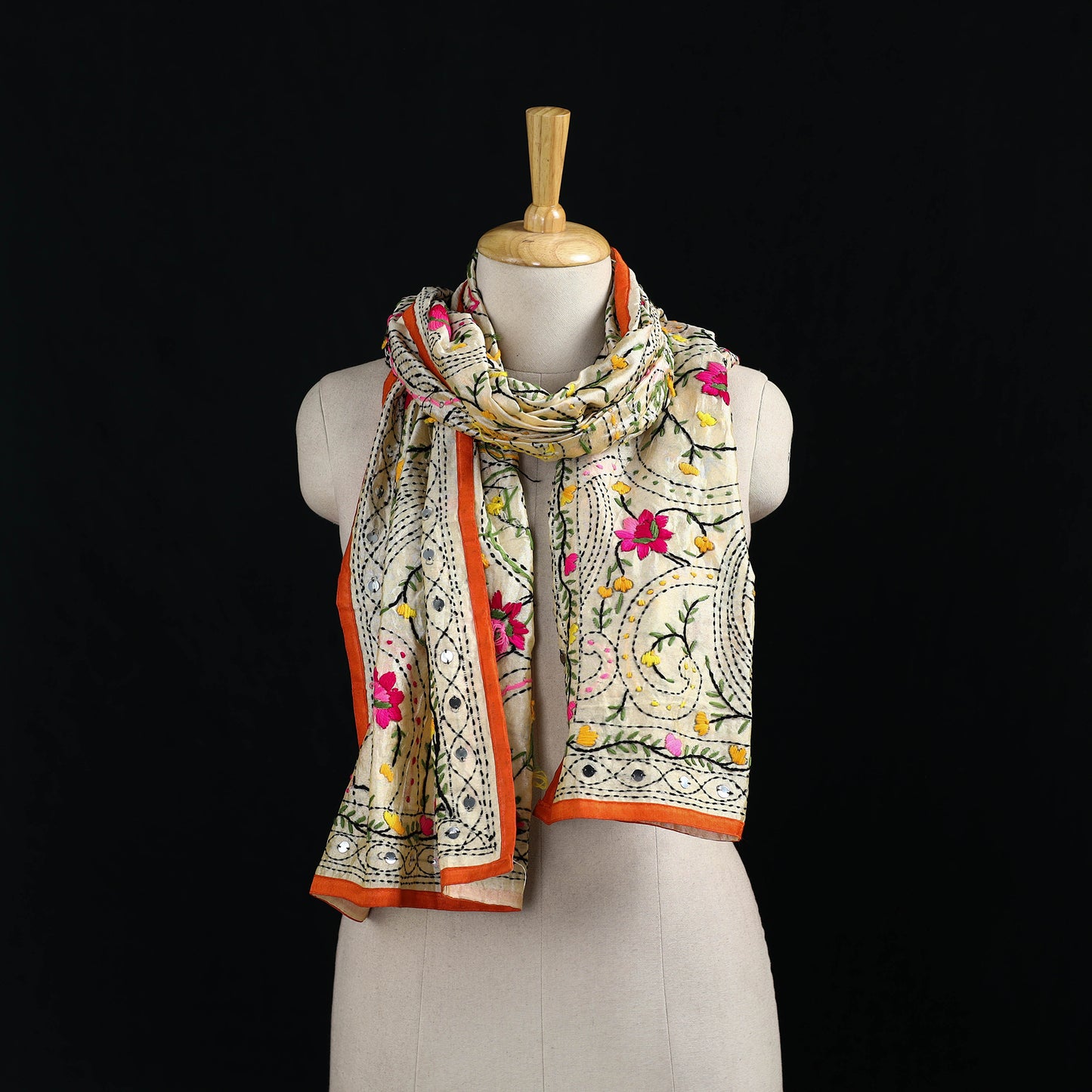 Beige - Ranihati Chanderi Silk Hand Embroidered Stole 134