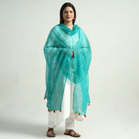 Blue - Leheriya Tie-Dye Mothra Kota Doria Cotton Dupatta with Tassels 23