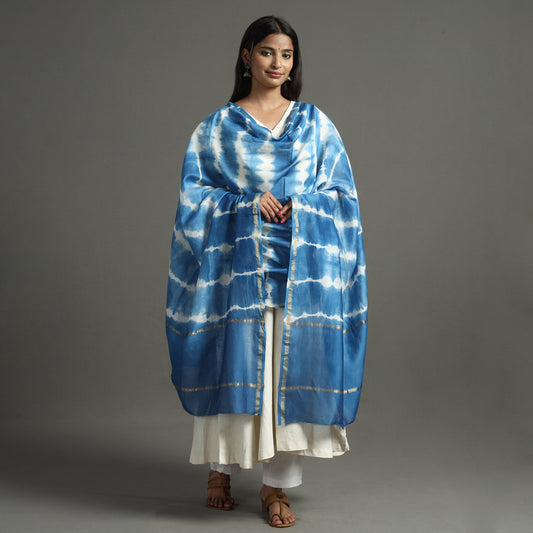 Blue - Shibori Tie-Dye Handloom Chanderi Silk Dupatta with Zari Border 44