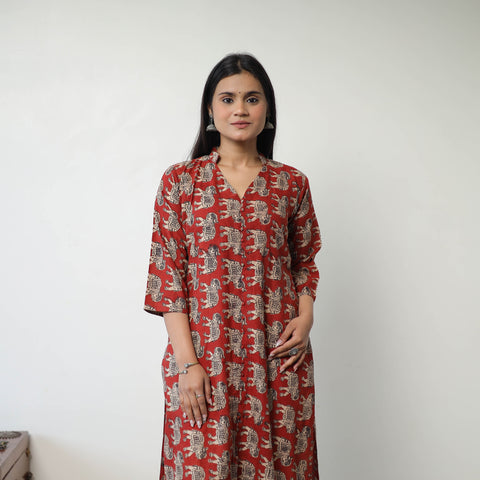 Red - Printed Cotton Straight Kalamkari Kurta 06