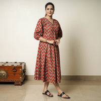 Red - Bagru Block Printed Cotton Flared Dress 04