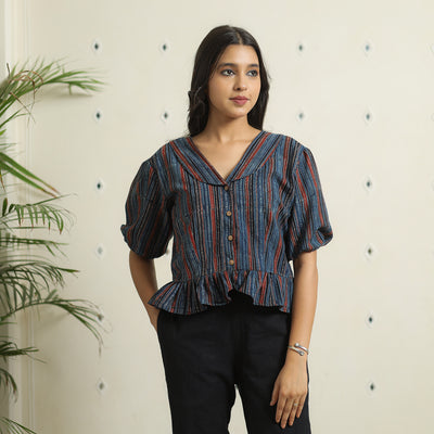 Blue - Ajrakh Block Printed Cotton Crop Top 06