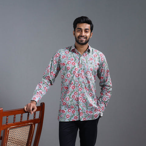 Blue - Sanganeri Block Printed Cotton Men Full Sleeve Shirt 08