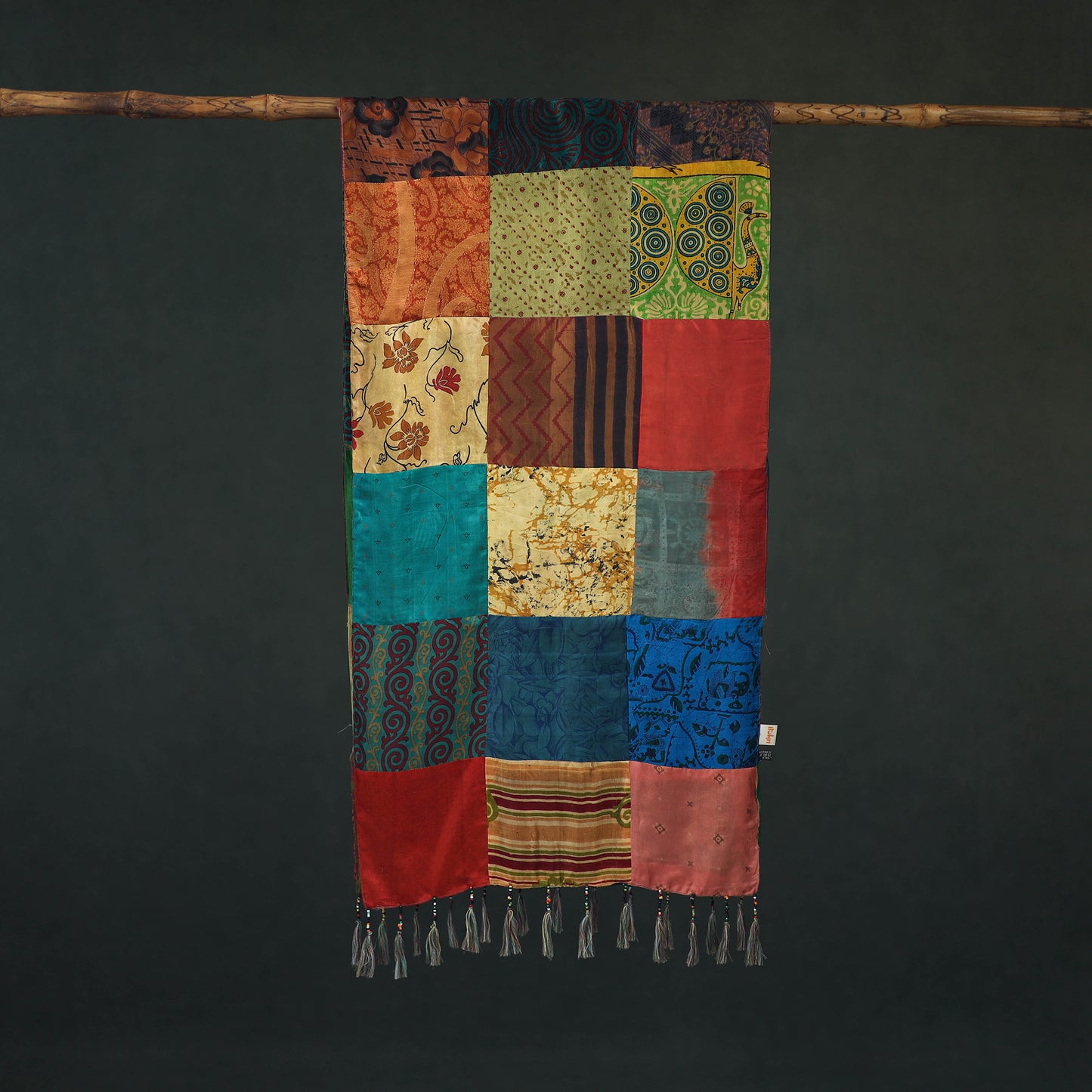 Pure Silk Reversible Patchwork Stole with Tassels 31