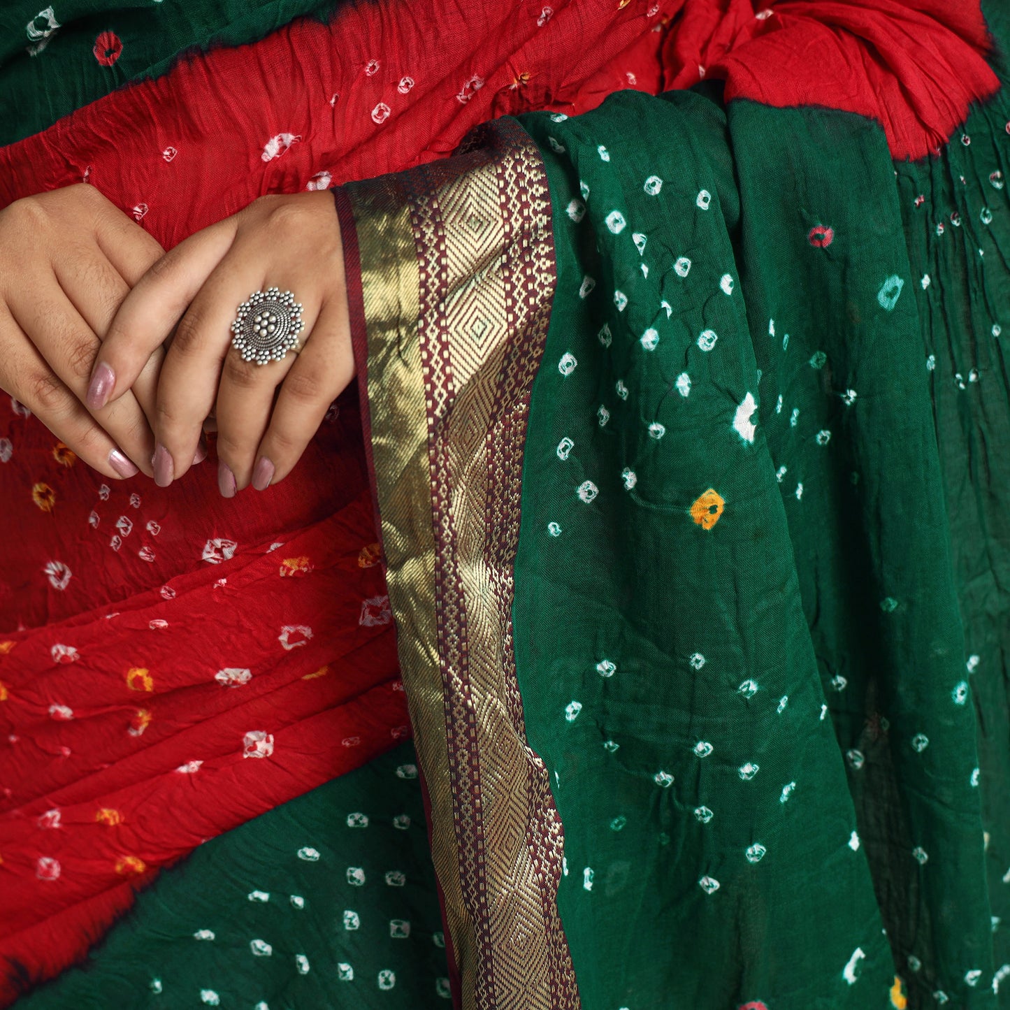 Red - Kutch Tie-Dye Cotton Bandhani Saree with Blouse Piece 58